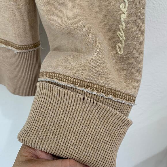 VTG Y2K American Eagle Womens Large Graphic Hoodie Pullover Tan Raw Edges Henley - Picture 11 of 15